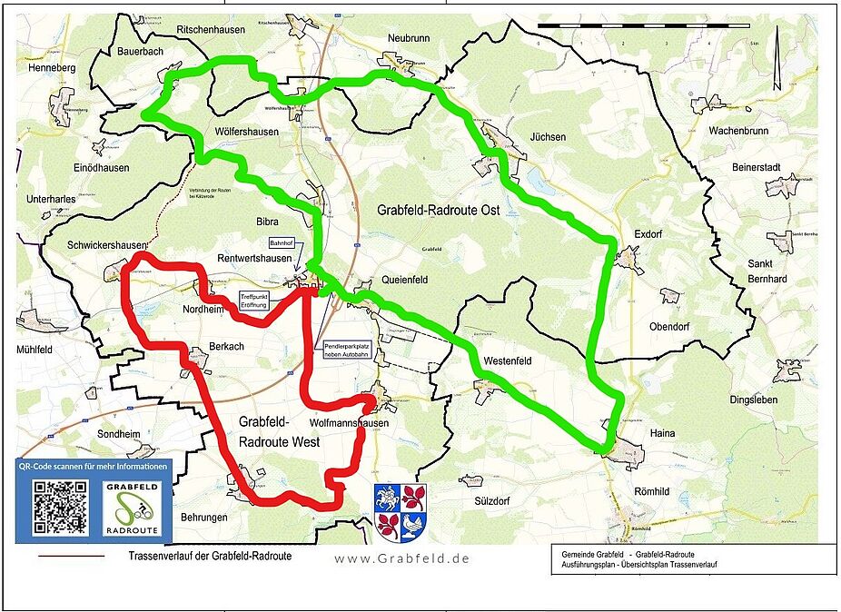 Grabfeld-Radroute Trassenverlauf Farbmarkierung der Route OST in grün und der Route WEST in rot der Grabfeld-Radroute